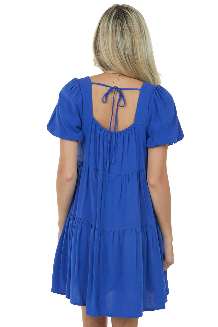 Cobalt Puff Sleeve Square Neck Tiered Dress