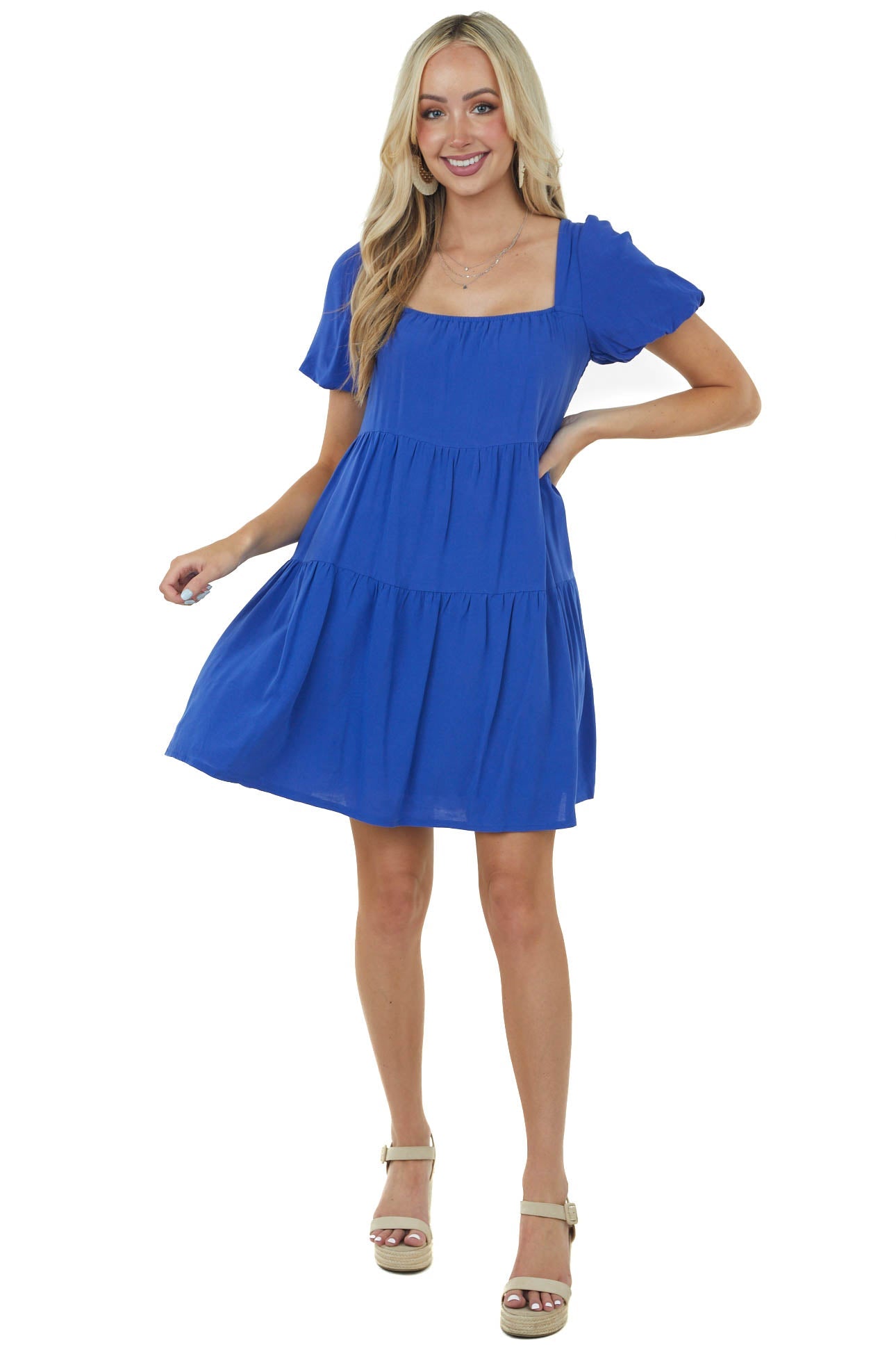 Cobalt Puff Sleeve Square Neck Tiered Dress