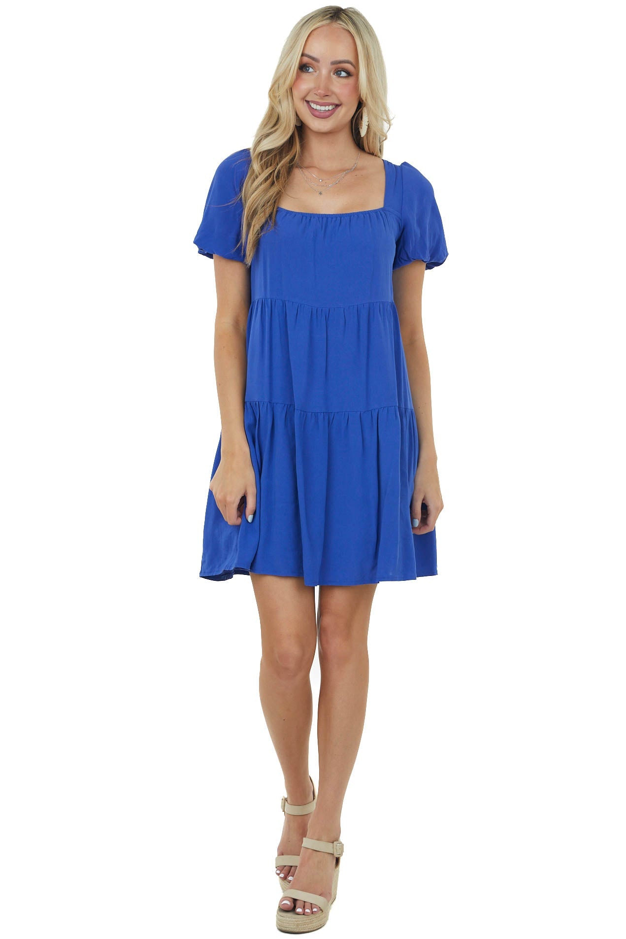 Cobalt Puff Sleeve Square Neck Tiered Dress