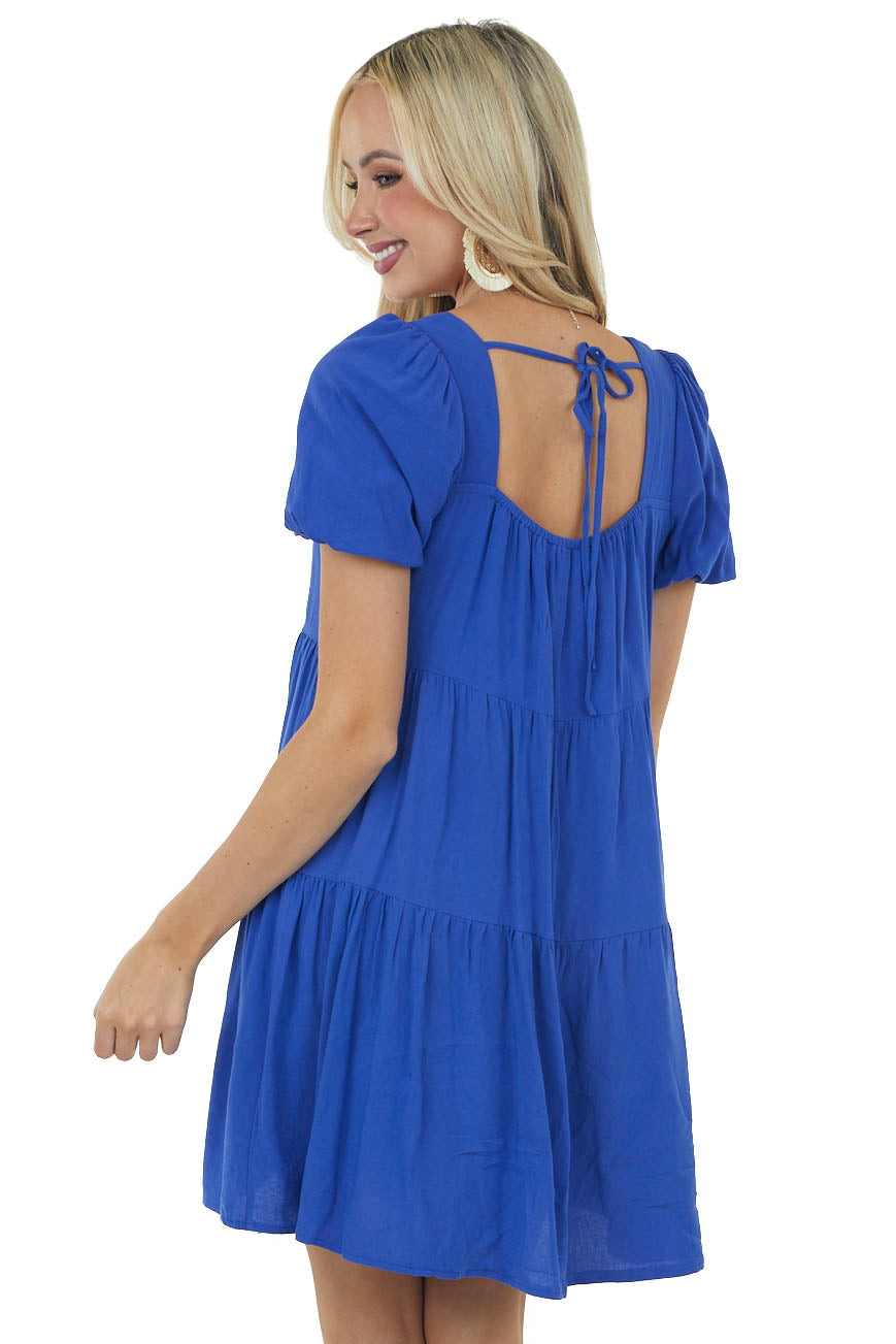 Cobalt Puff Sleeve Square Neck Tiered Dress