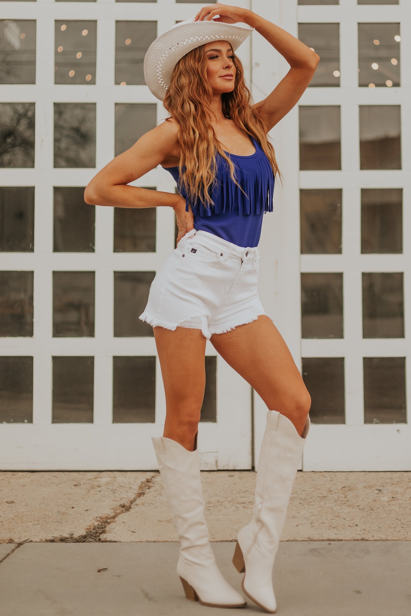 Cobalt Sleeveless Bodysuit with Fringe