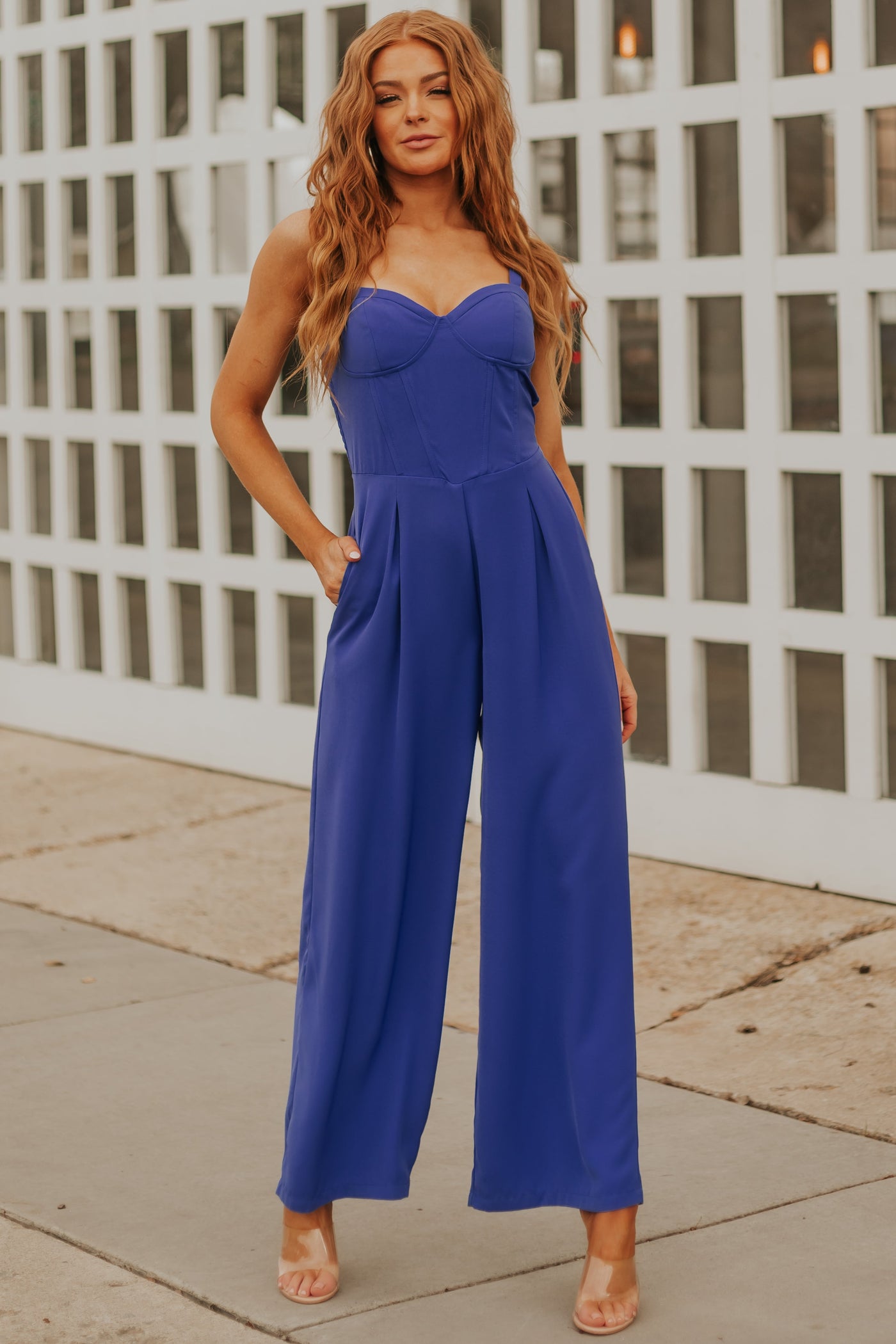 Cobalt Sleeveless Corset Bodice Wide Leg Jumpsuit