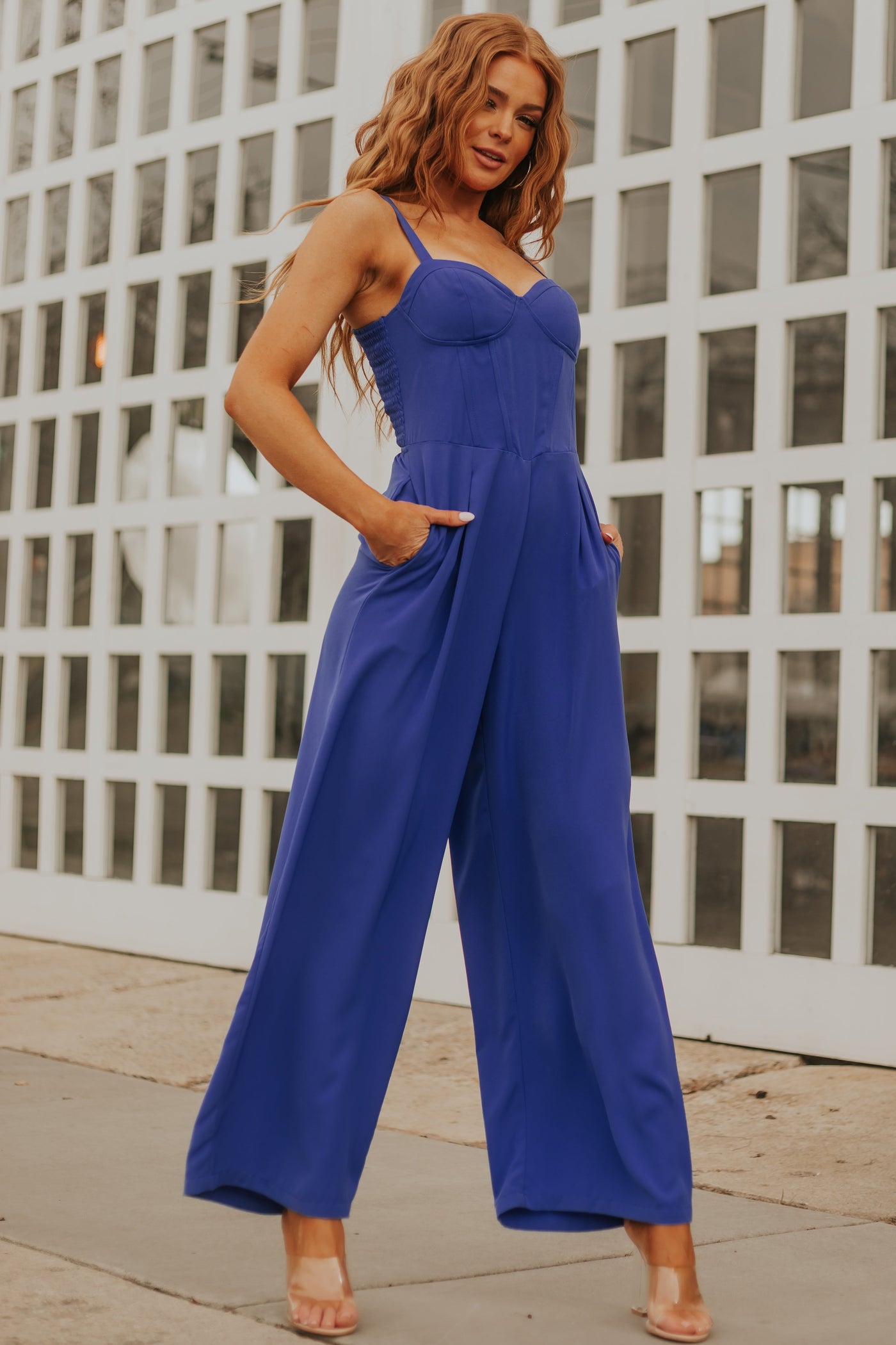 Cobalt Sleeveless Corset Bodice Wide Leg Jumpsuit