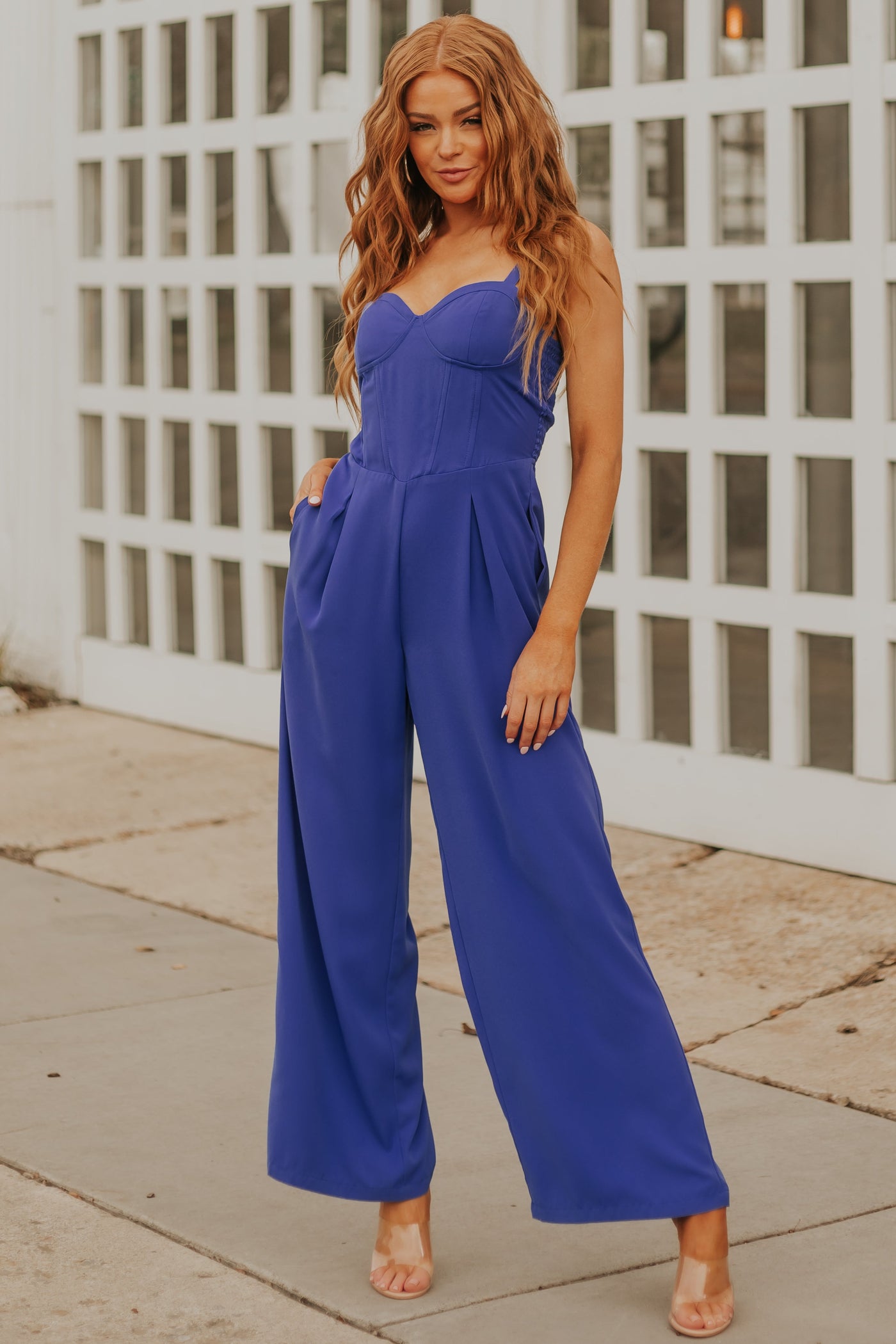 Cobalt Sleeveless Corset Bodice Wide Leg Jumpsuit