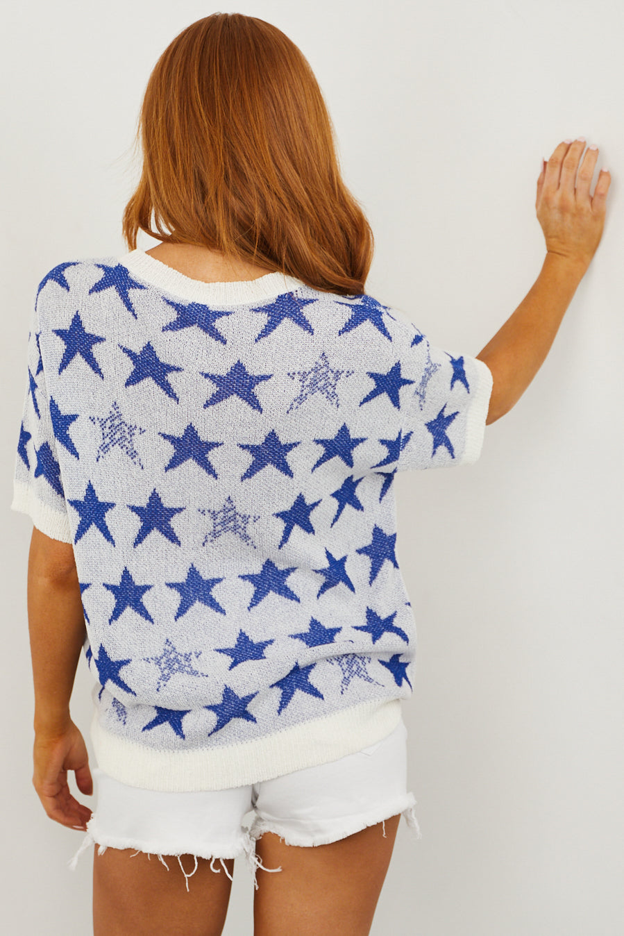 Cobalt Star Print Pearl Accent Sweater Knit Top