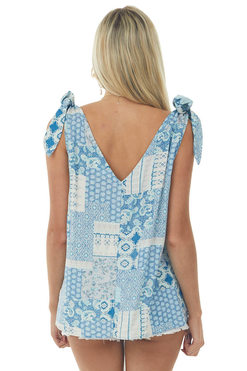 Cobalt and Aqua Patchwork Tie Strap V Neck Top