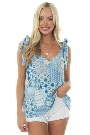 Cobalt and Aqua Patchwork Tie Strap V Neck Top