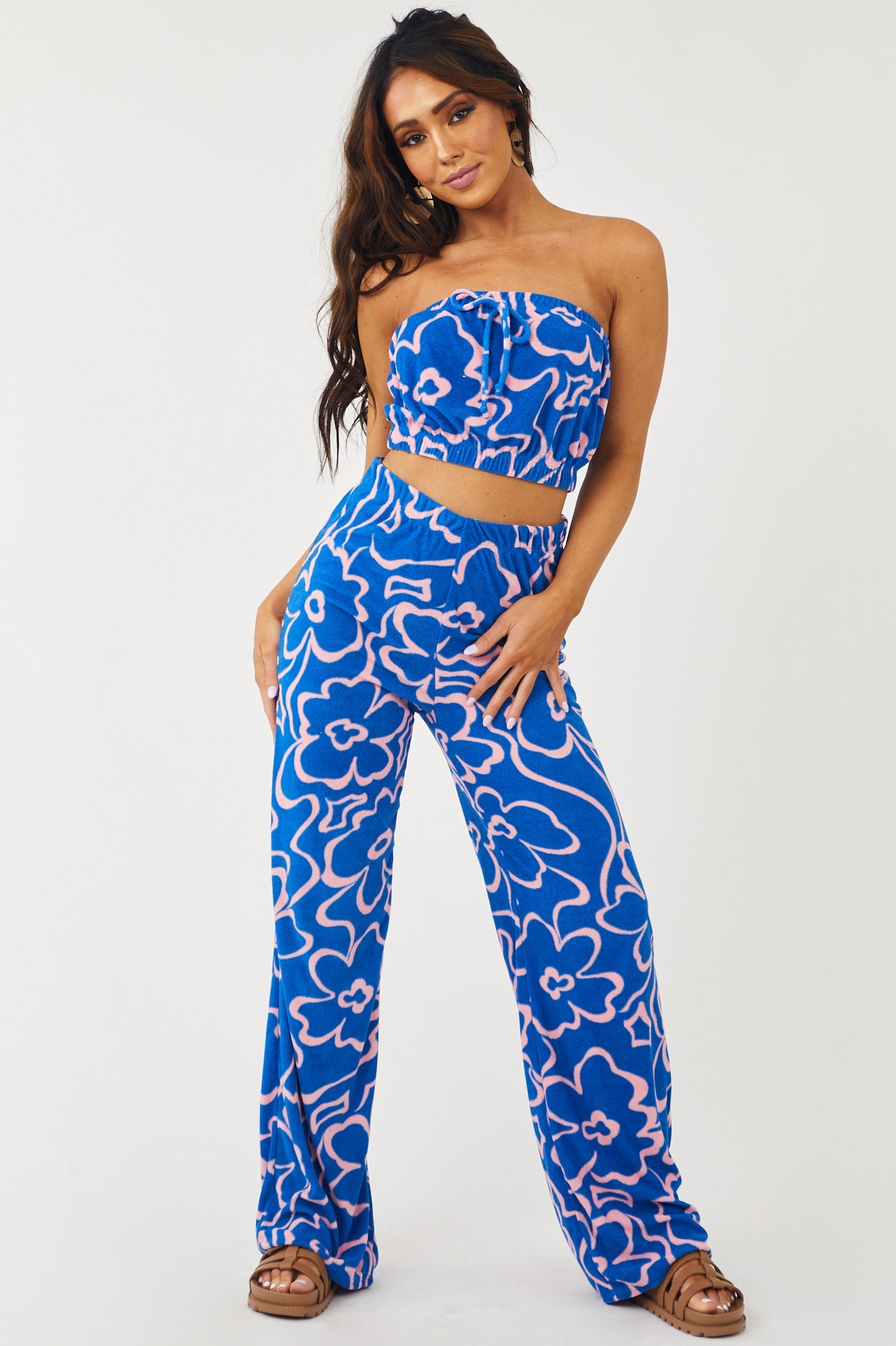 Cobalt and Punch Floral Strapless Top and Pants Set