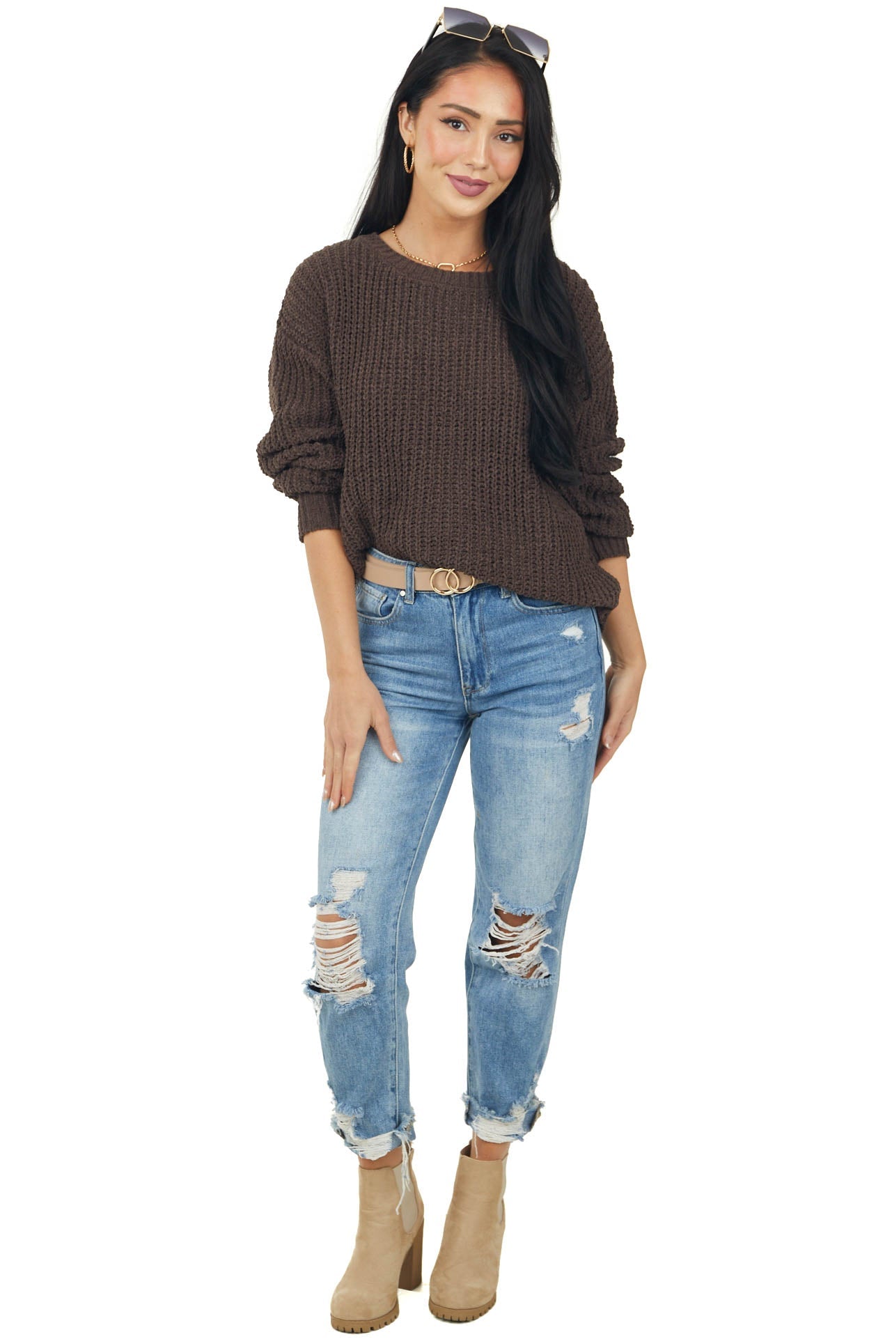 Cocoa Chenille Drop Shoulder Soft Sweater