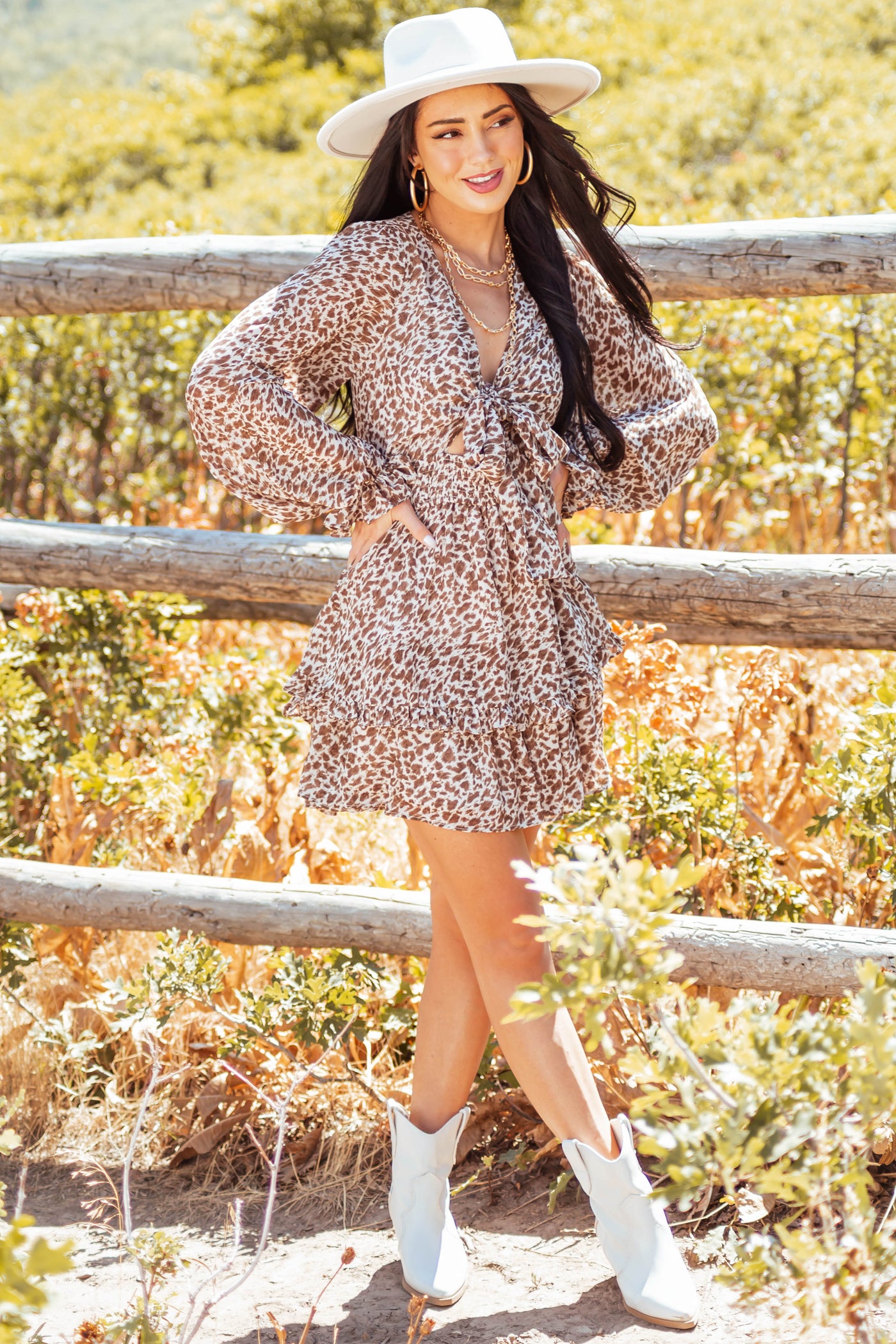 Cocoa Leopard Long Sleeve Tie Front Mini Dress