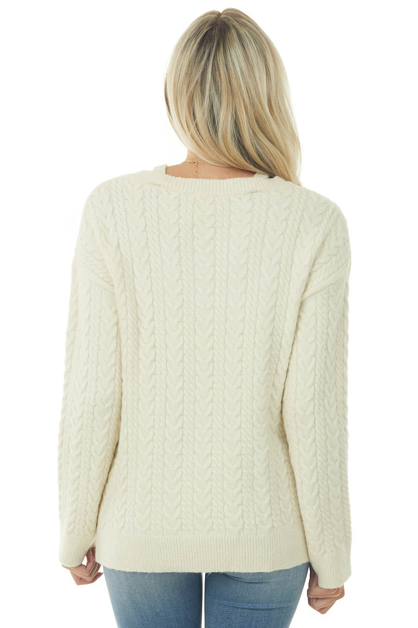 Coconut Cable Knit V Neckline Sweater