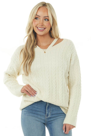 Coconut Cable Knit V Neckline Sweater