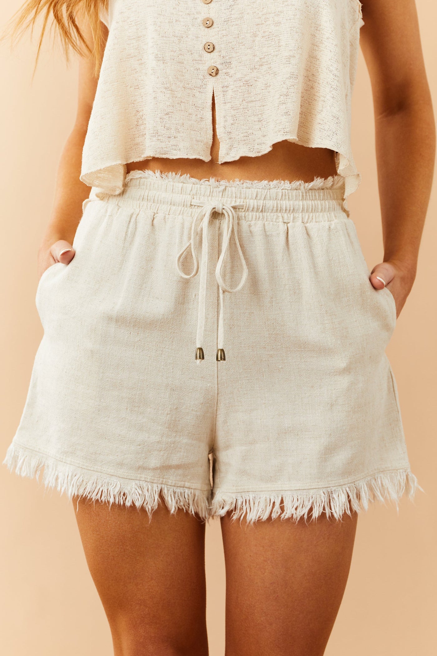 Coconut Elastic Waistband Linen Textured Shorts