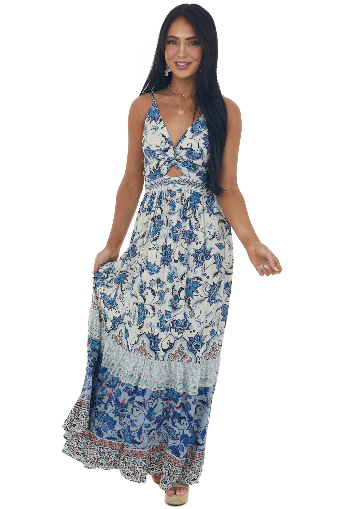Coconut Floral Border Print Sleeveless Maxi Dress
