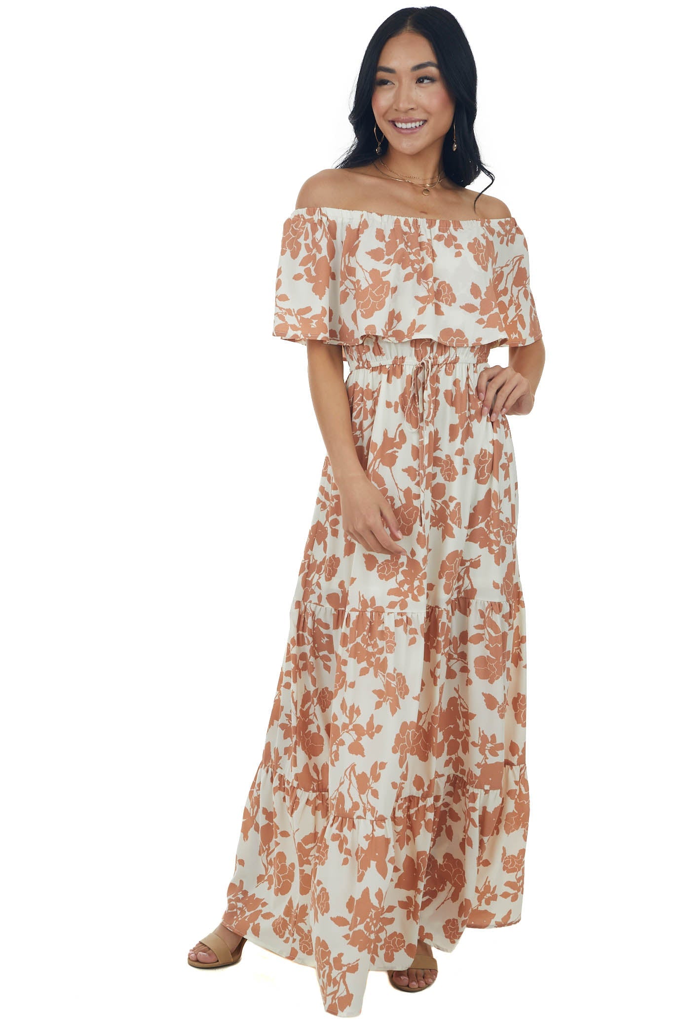 Coconut Floral Off Shoulder Overlay Maxi Dress