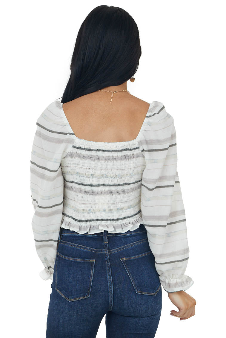 Coconut Multicolor Striped Long Sleeve Smocked Crop Top