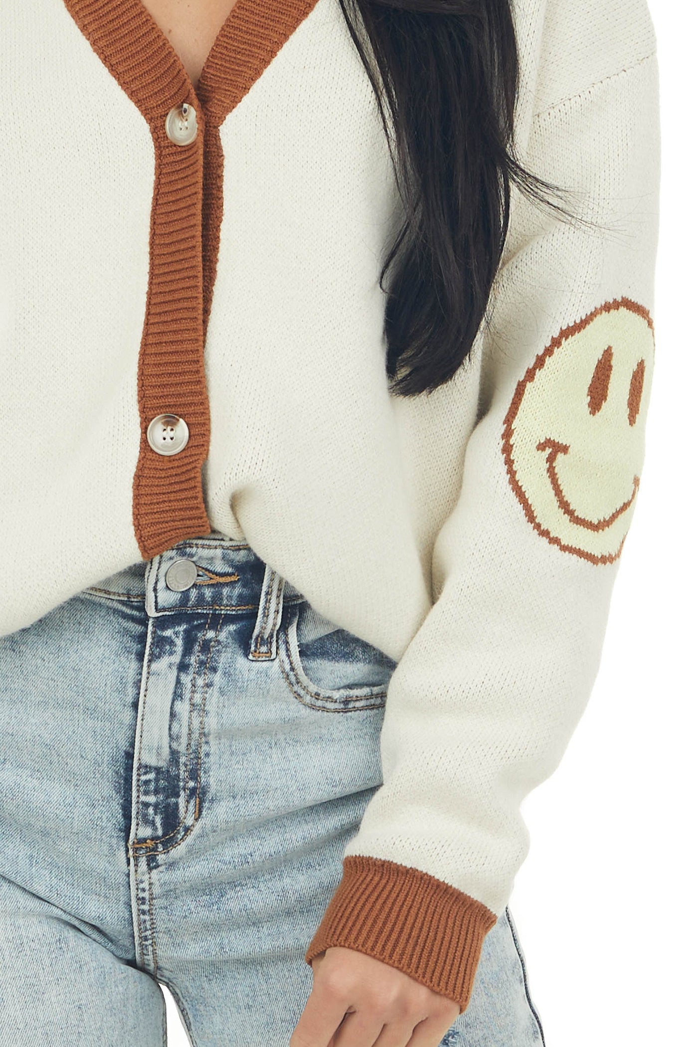 Coconut Smiley Face Graphic Button Up Cardigan