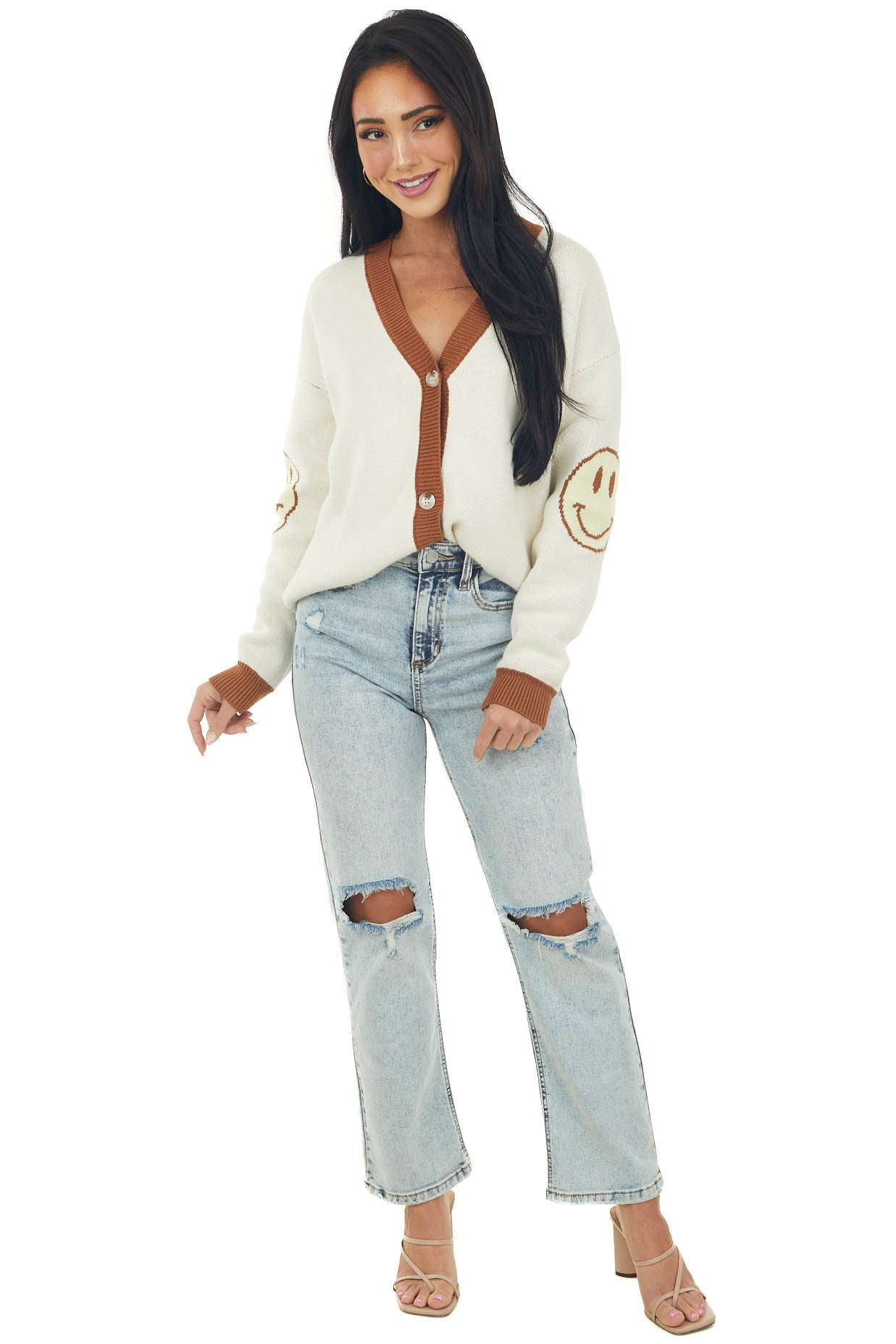 Coconut Smiley Face Graphic Button Up Cardigan