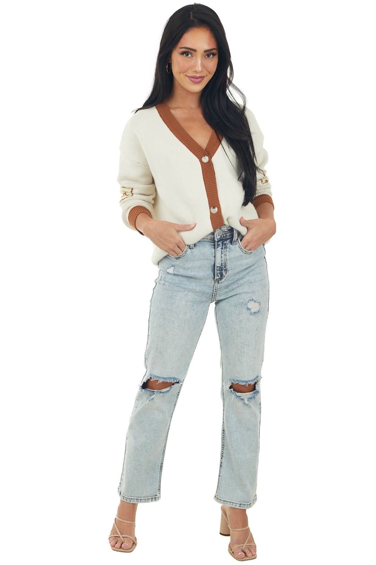 Coconut Smiley Face Graphic Button Up Cardigan