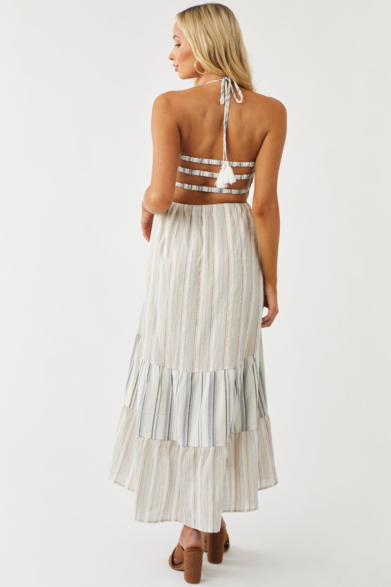 Coconut Striped Halter Tie Smocked Maxi Dress
