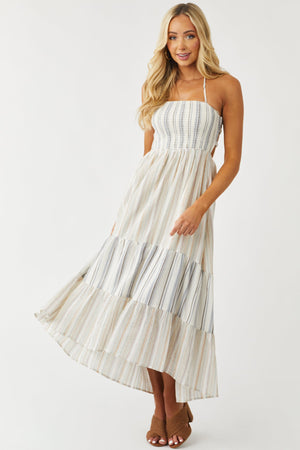 Coconut Striped Halter Tie Smocked Maxi Dress