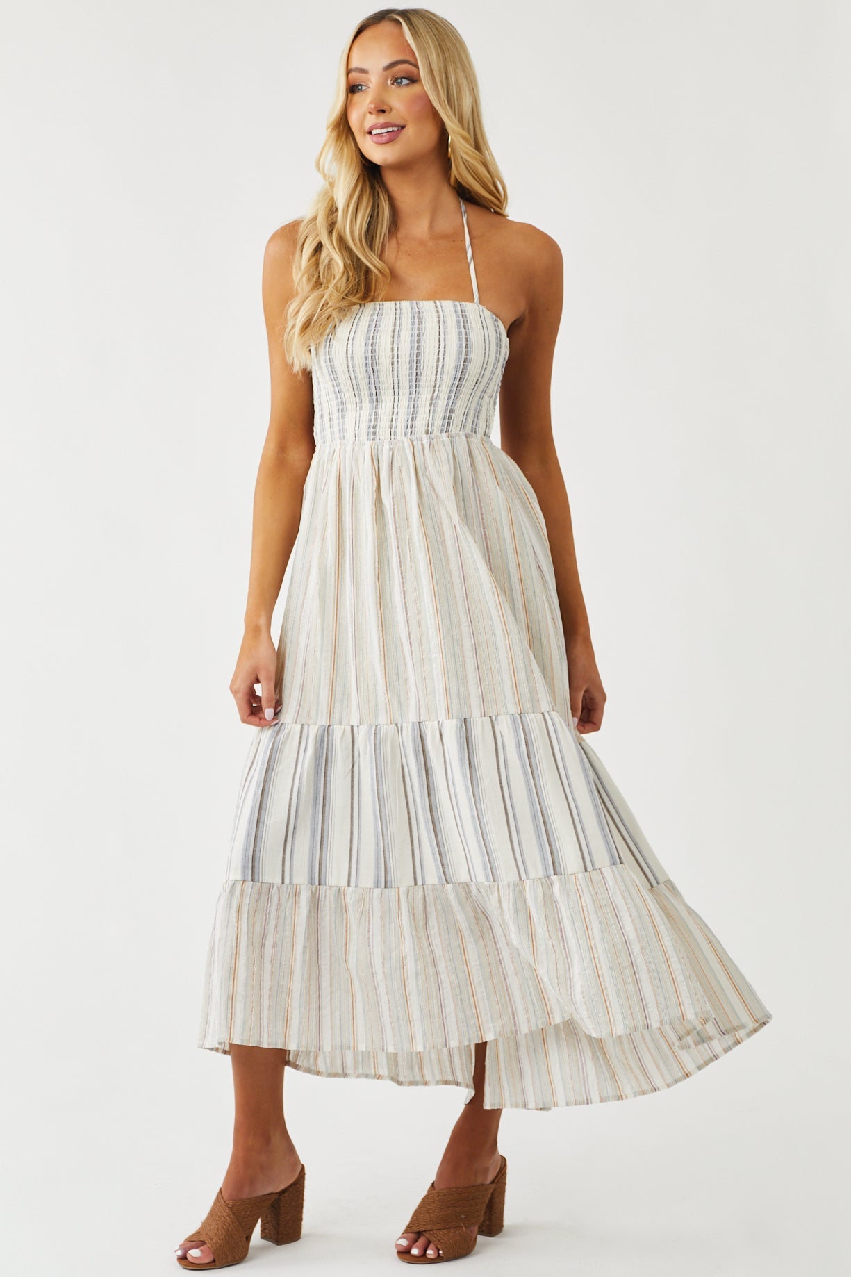 Coconut Striped Halter Tie Smocked Maxi Dress