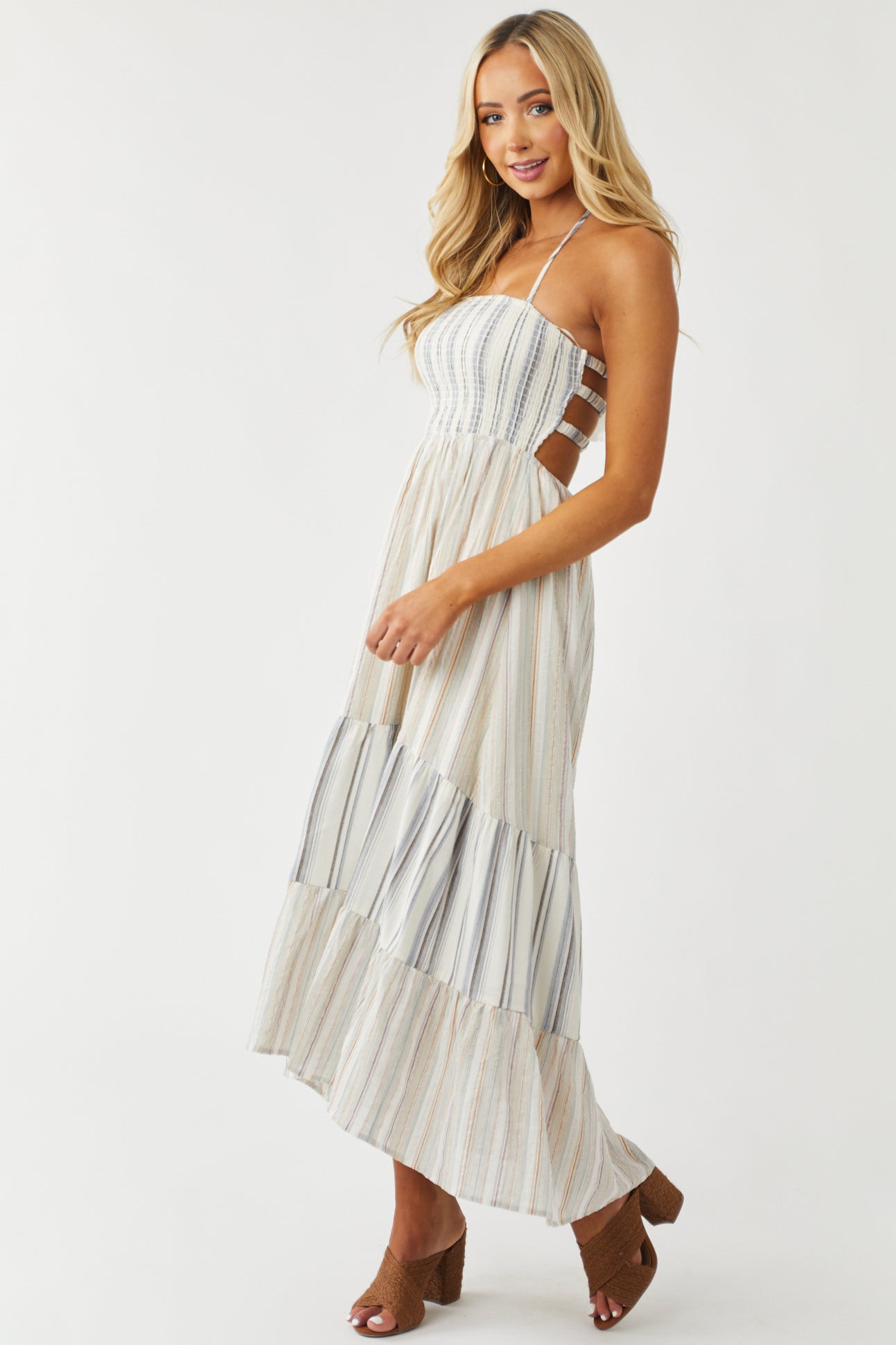 Coconut Striped Halter Tie Smocked Maxi Dress