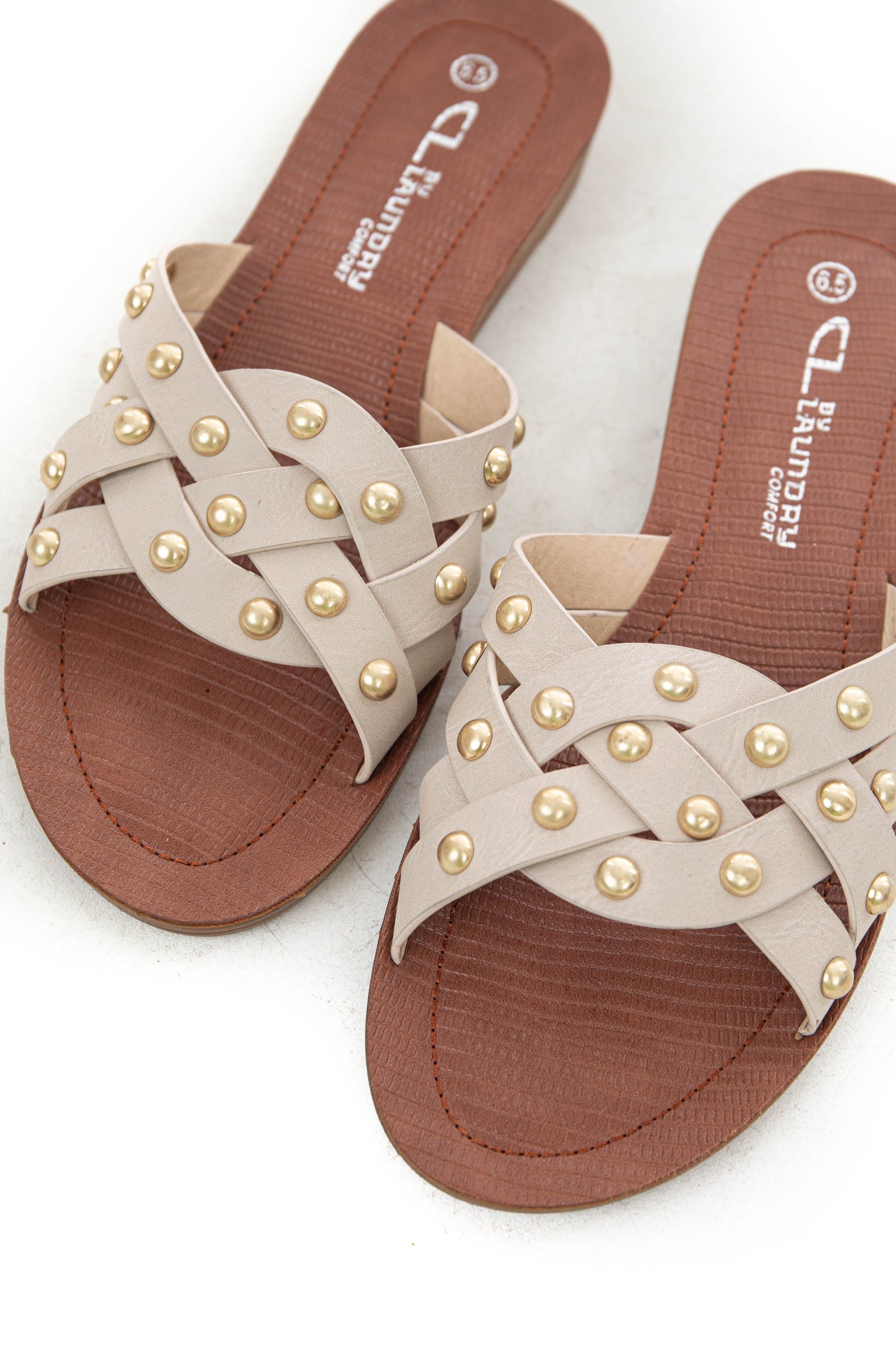 Coconut Slip On Sandals with Gold Stud Details
