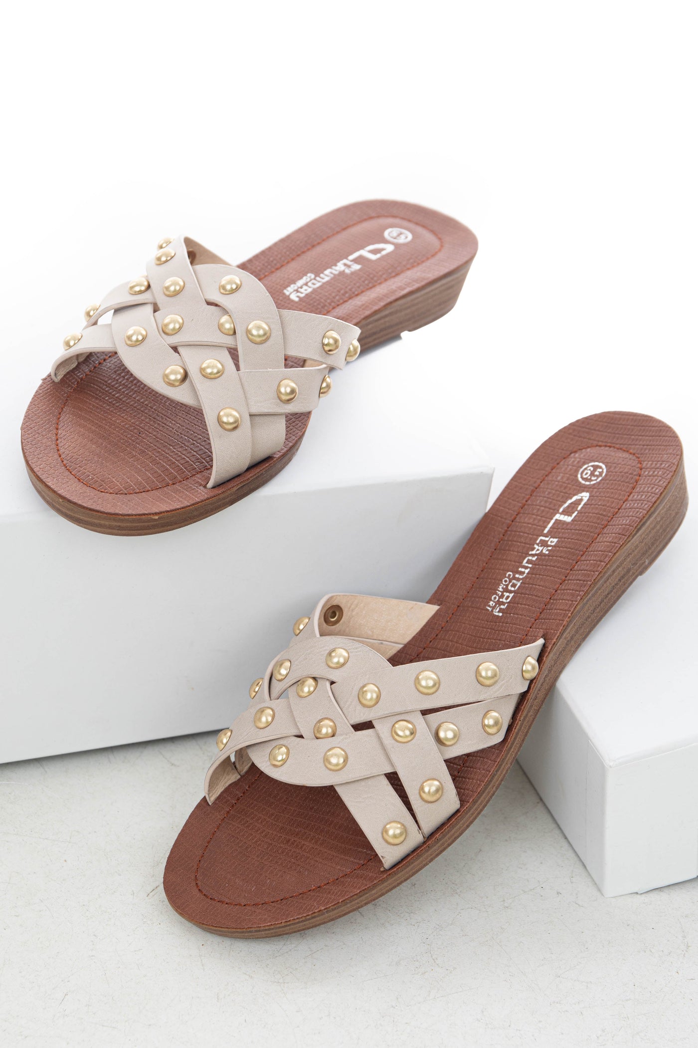 Coconut Slip On Sandals with Gold Stud Details