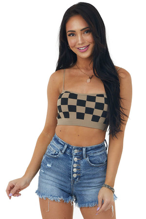 Coffee Checkered Spaghetti Strap Knit Bralette