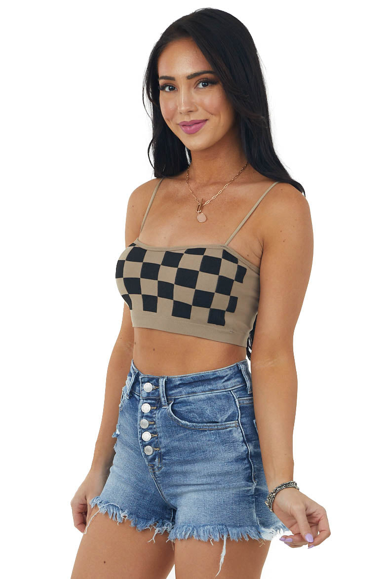 Coffee Checkered Spaghetti Strap Knit Bralette