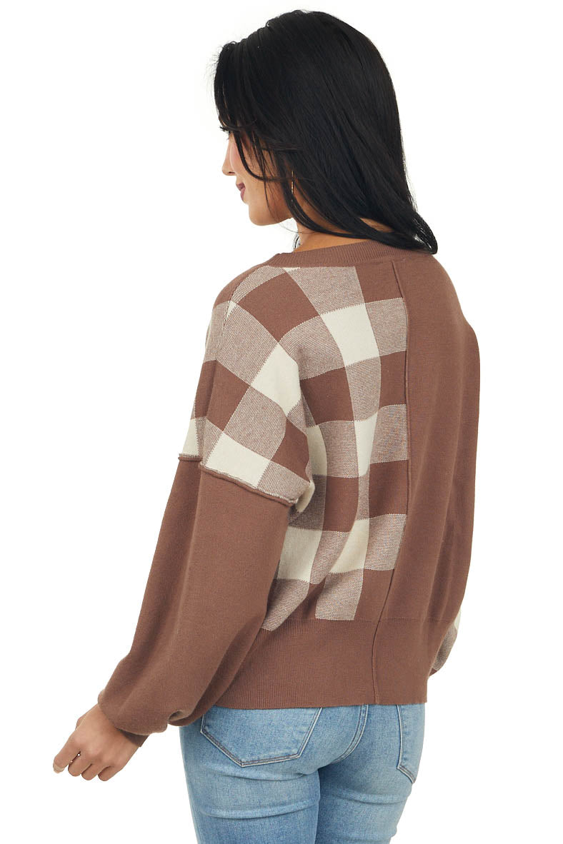 Coffee Colorblock Plaid Print Long Sleeve Sweater
