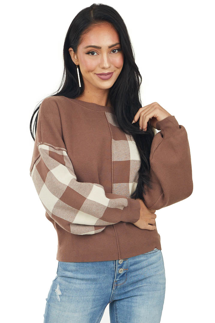 Coffee Colorblock Plaid Print Long Sleeve Sweater