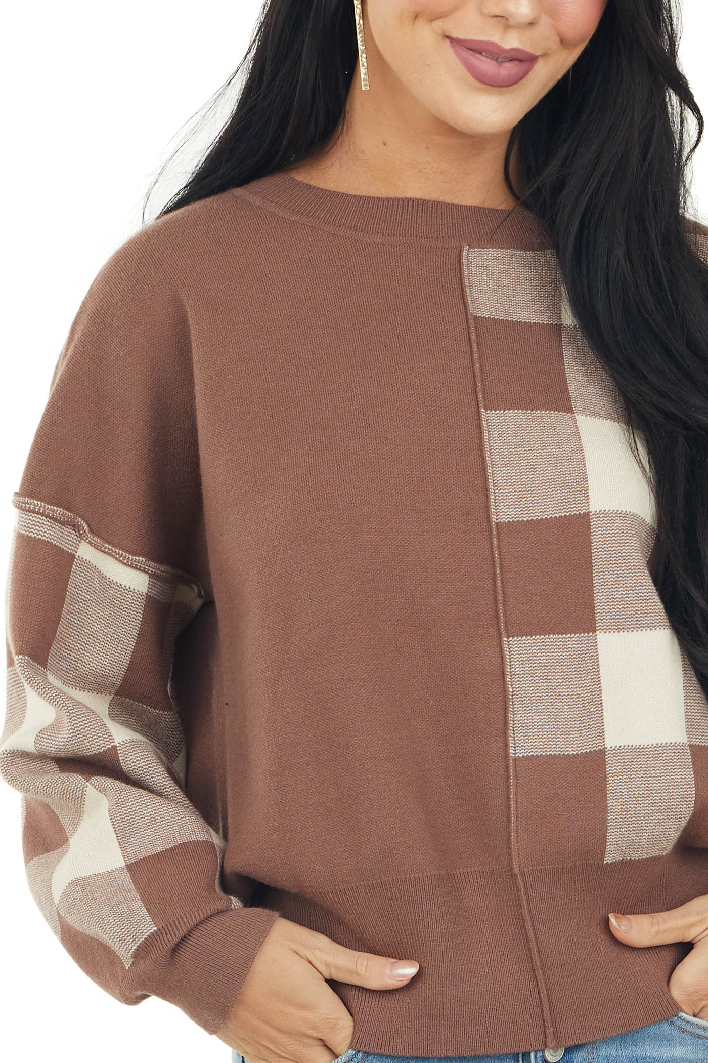 Coffee Colorblock Plaid Print Long Sleeve Sweater