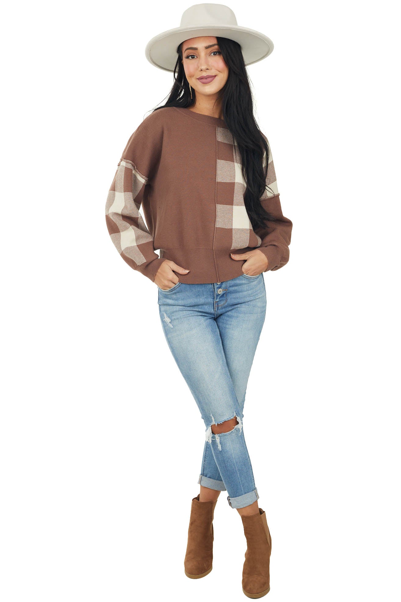 Coffee Colorblock Plaid Print Long Sleeve Sweater