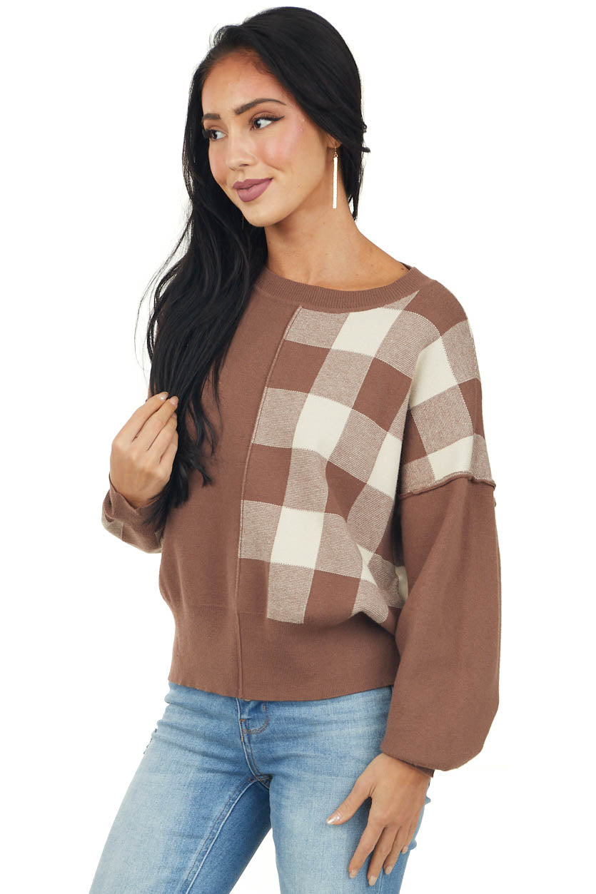 Coffee Colorblock Plaid Print Long Sleeve Sweater