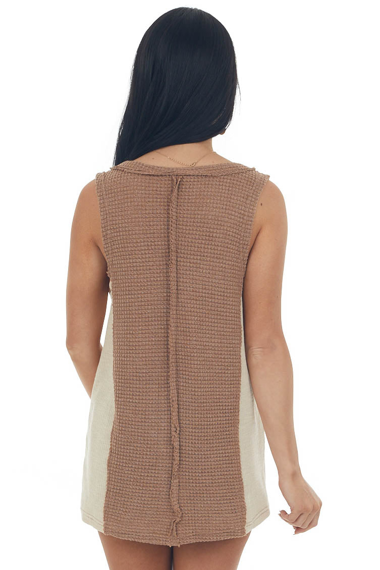 Coffee Colorblock Waffle Knit Button Tank Top