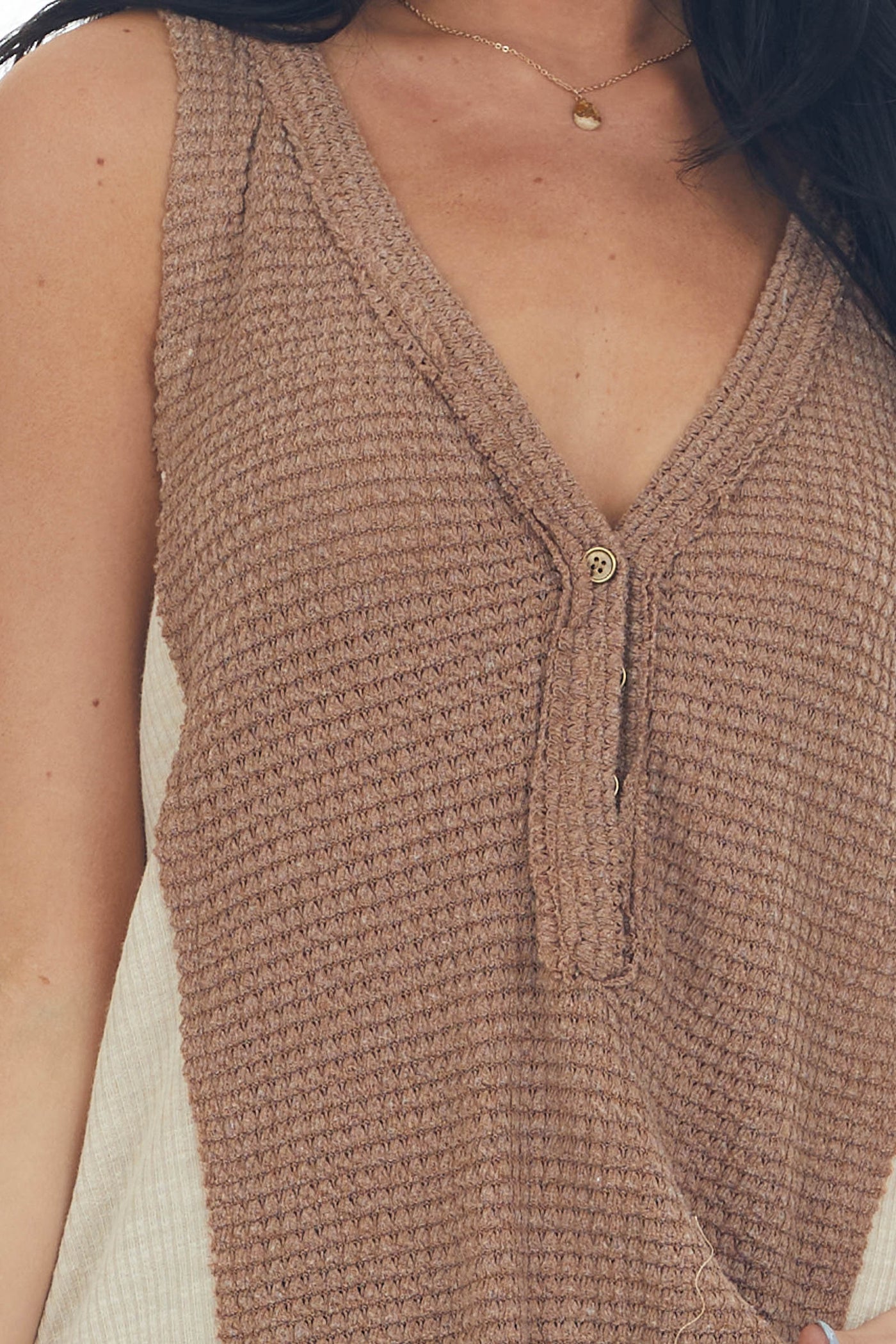 Coffee Colorblock Waffle Knit Button Tank Top