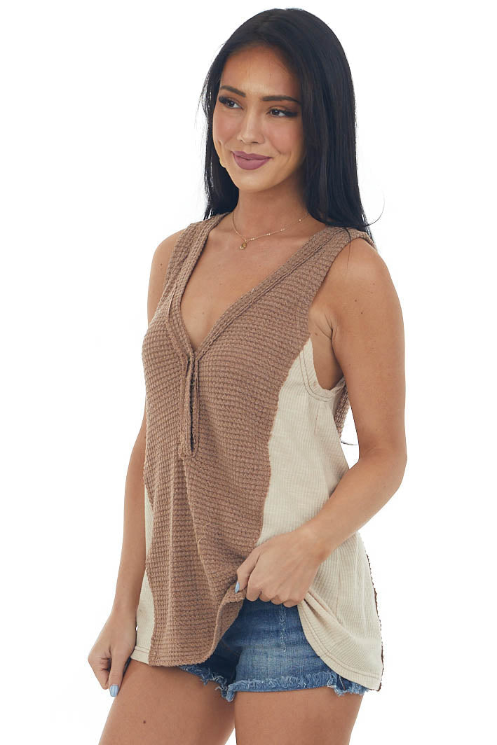 Coffee Colorblock Waffle Knit Button Tank Top