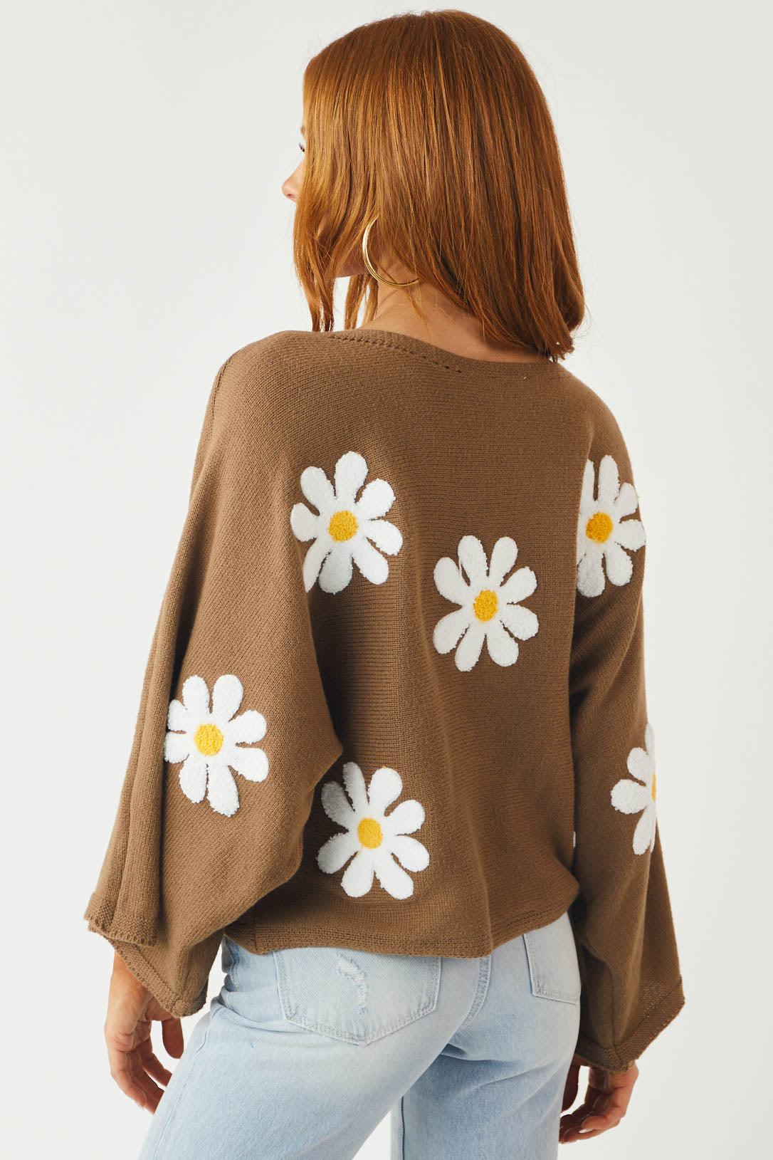 Coffee Floral Embroidered Boat Neckline Knit Top
