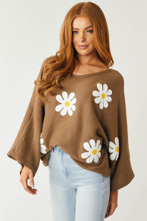 Coffee Floral Embroidered Boat Neckline Knit Top