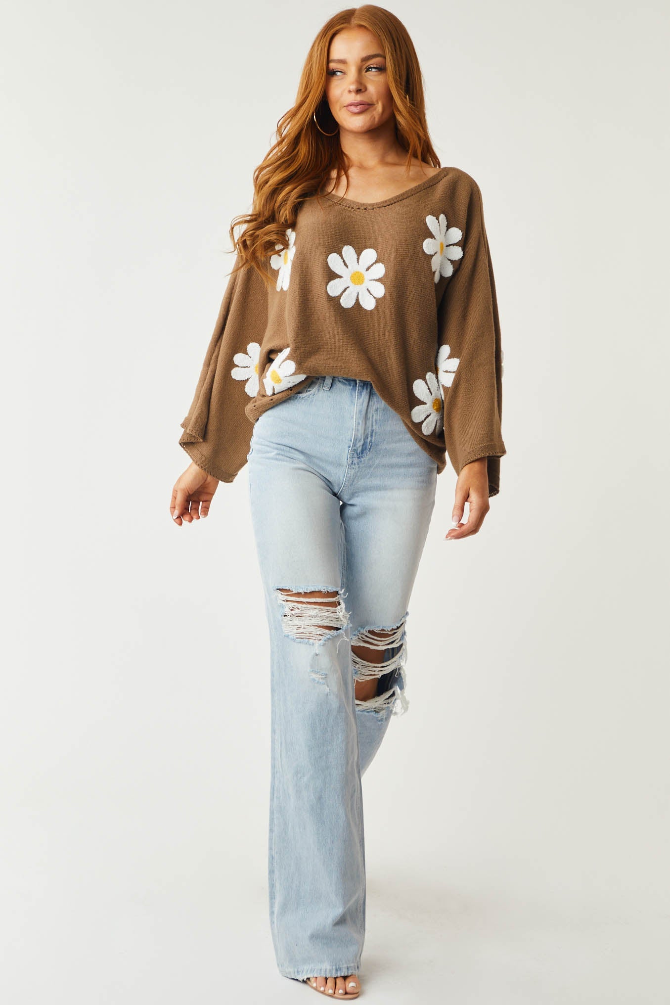 Coffee Floral Embroidered Boat Neckline Knit Top