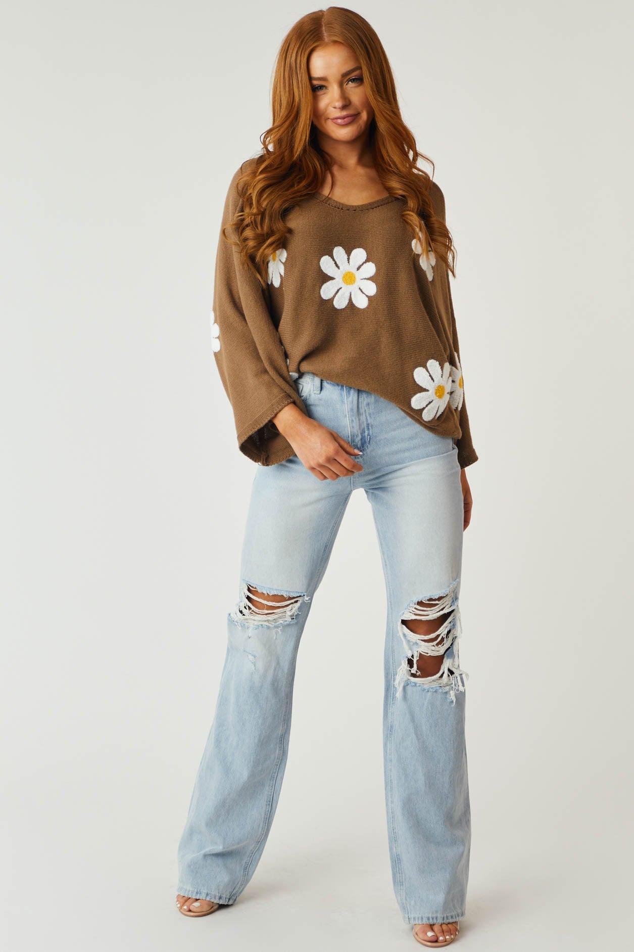 Coffee Floral Embroidered Boat Neckline Knit Top