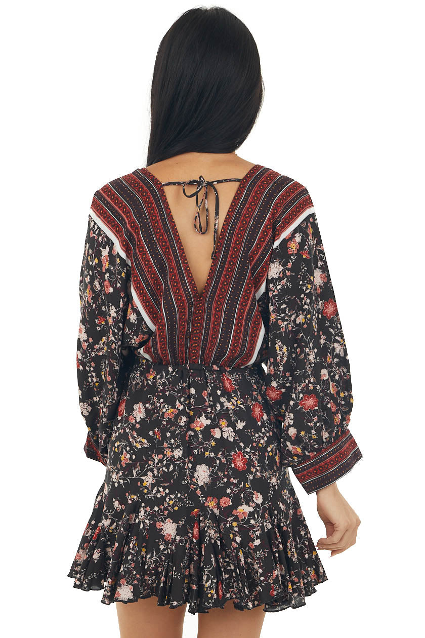 Coffee Floral and Abstract Ruffle Mini Dress