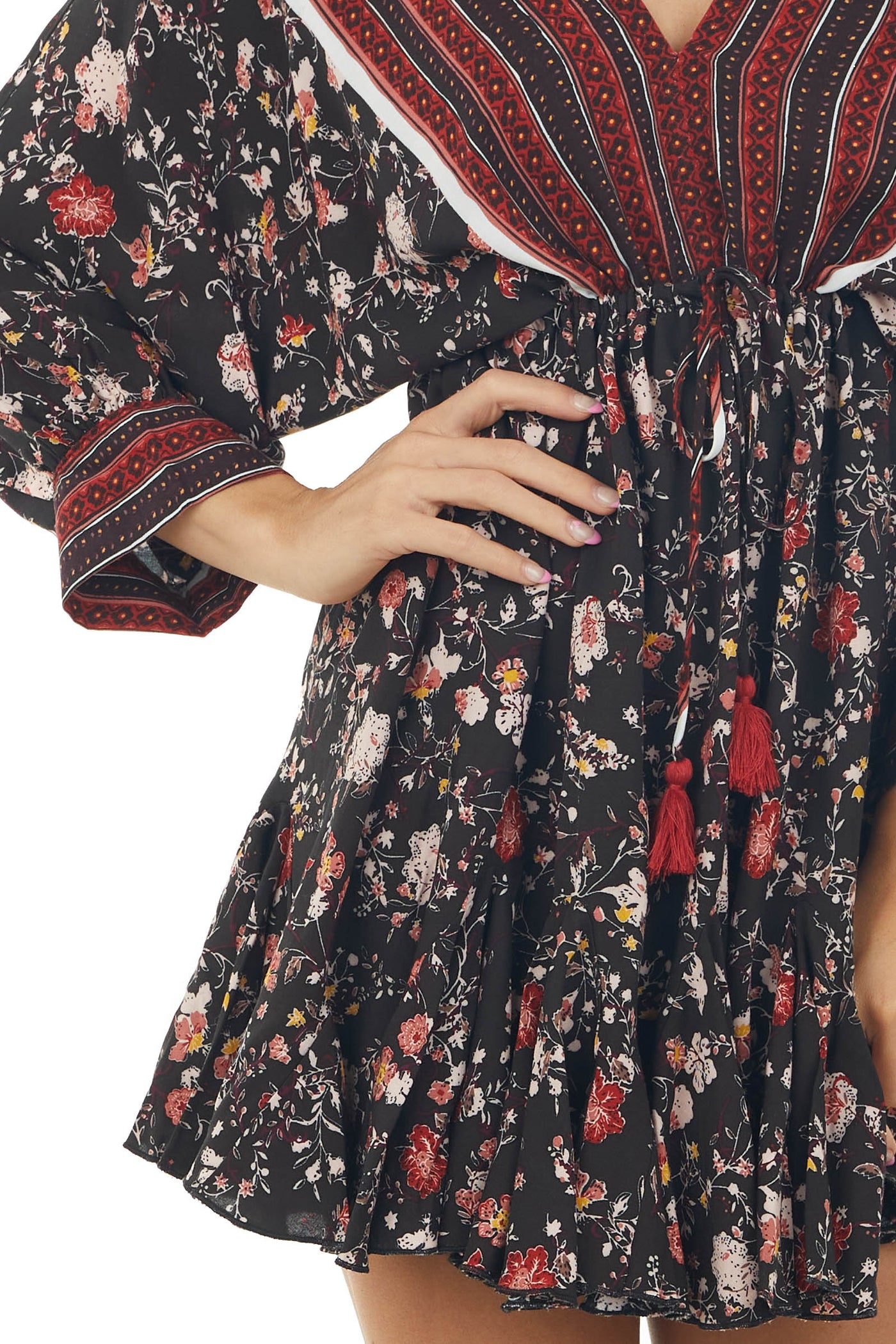 Coffee Floral and Abstract Ruffle Mini Dress