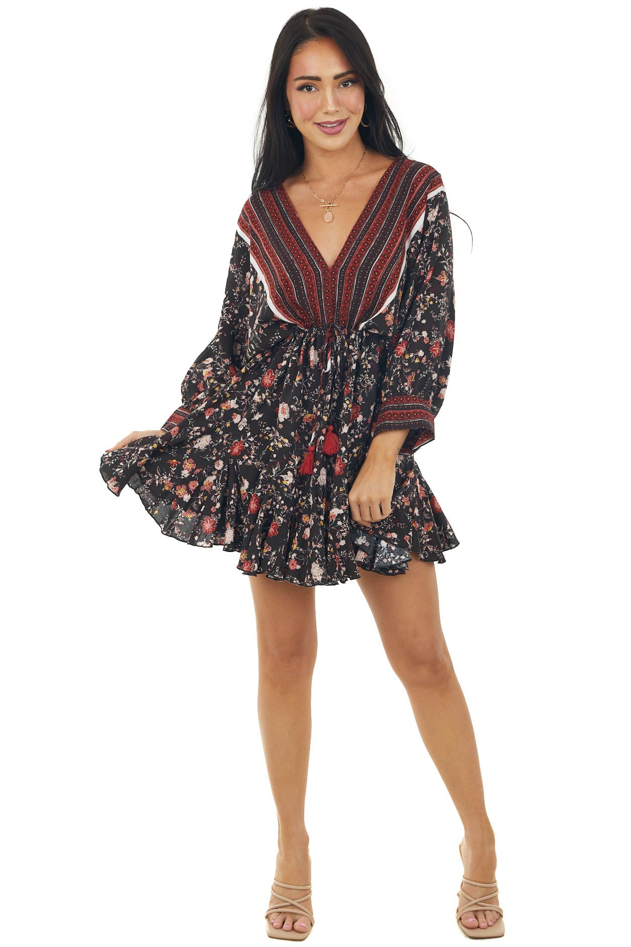 Coffee Floral and Abstract Ruffle Mini Dress