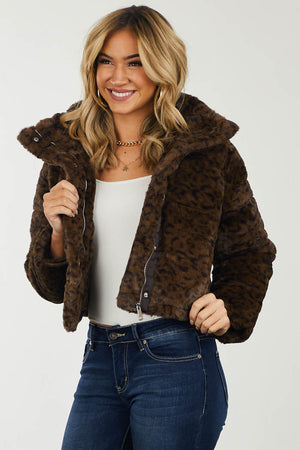 Coffee Leopard Print Faux Fur Cropped Jacket