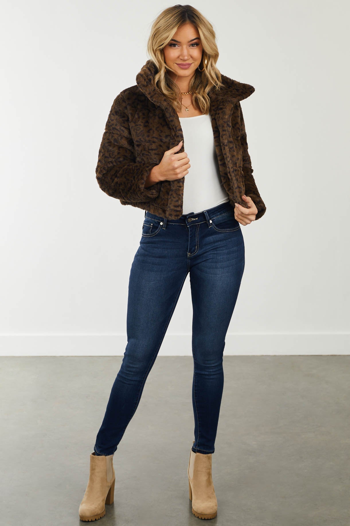 Coffee Leopard Print Faux Fur Cropped Jacket