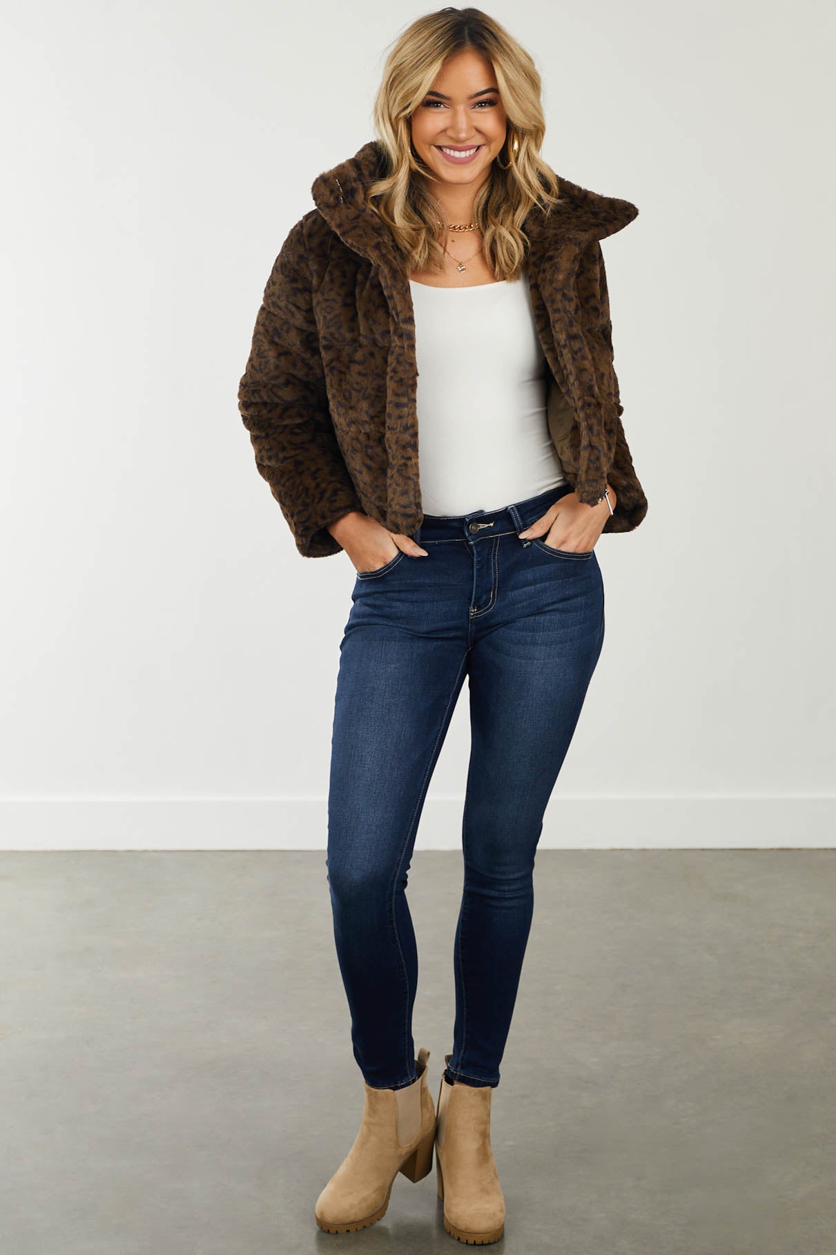 Coffee Leopard Print Faux Fur Cropped Jacket