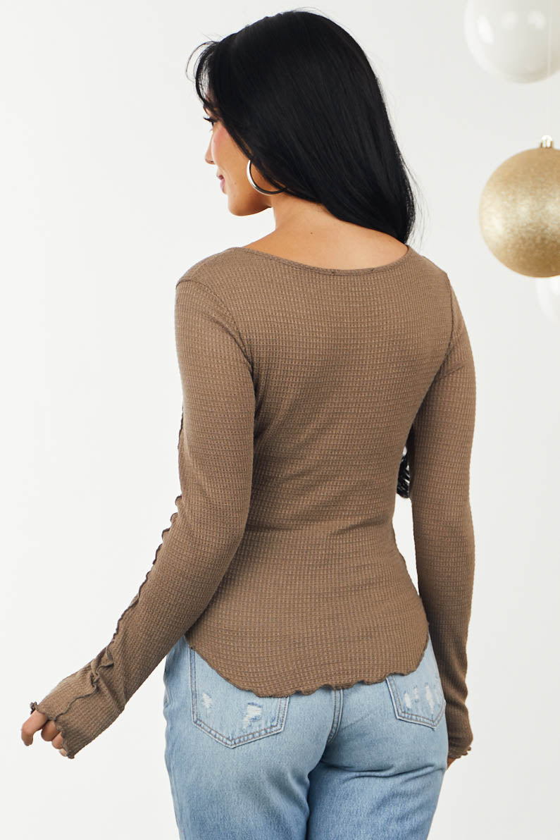 Coffee Lettuce Trim Waffle Knit Fitted Henley Top